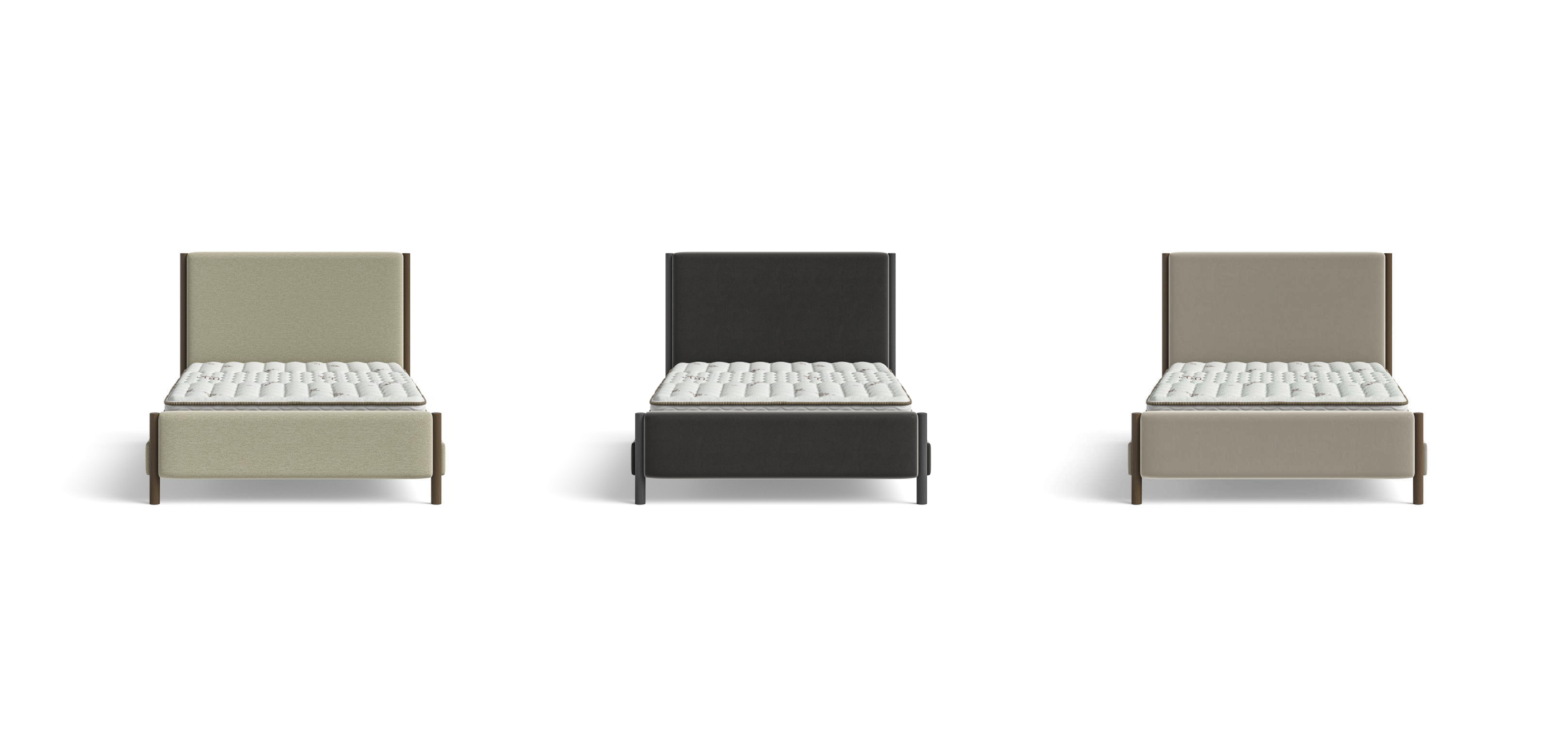 Saatva's Milan Bedframe in all three colorways: Taupe Vintage Velvet, Graphite Vintage Velvet, and Natural Linen.